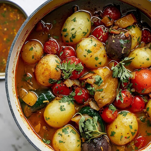 Gemüsegericht mit Kartoffeln, Tomaten und Kräutern mit Soße