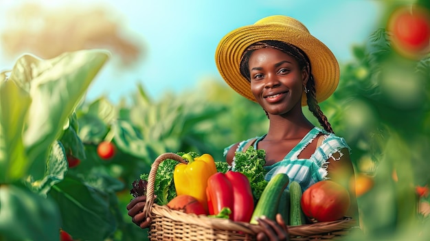 Gemüsekiste für Frauen und Nachhaltigkeit der Landwirtschaft oder Landwirtschaft für die Lieferkette oder das Agrargeschäft Afrikanischer Landwirt im Porträt mit Ernte und Gartenarbeit für eine gemeinnützige Nichtregierungsorganisation Lebensmittel- oder Lebensmittelkorb
