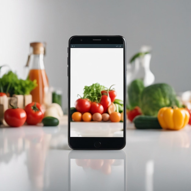 Gemüselebensmittelrahmen mit einem Smartphone in der Mitte