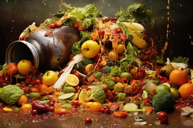 Gemüsemisch mit Wasser spritzt auf einem dunklen Hintergrund Essen wird verschwendet KI generiert