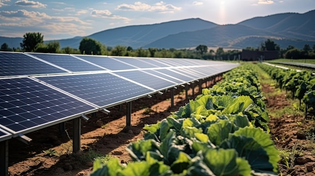 Gemüsepflanzen, die unter solaren Photovoltaikpanelen angebaut werden, das Konzept der Landwirtschaft und der umweltfreundlichen erneuerbaren Energie