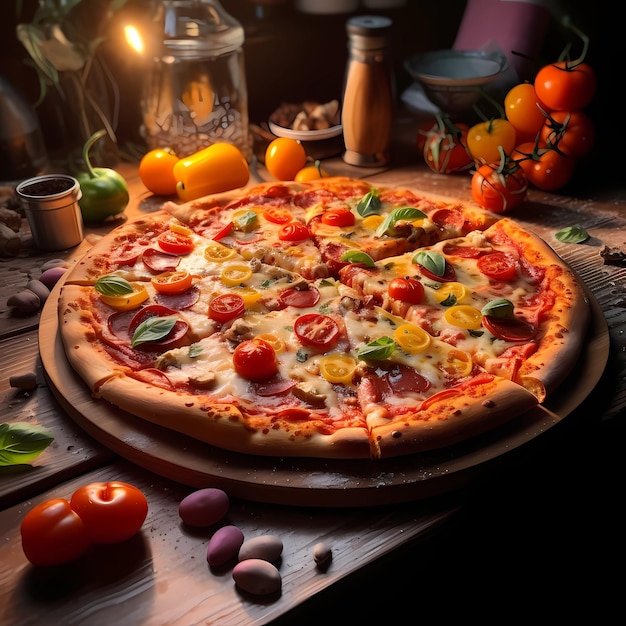 Gemüsepizza, Pizzahintergrund, italienische Pizza, schöne Pizza, Sonnenschein auf Pizza