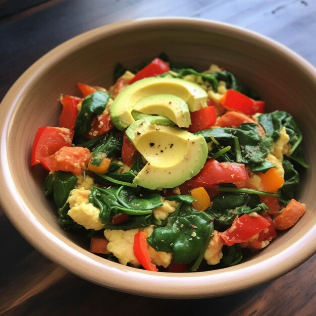 Gemüsesalat mit Avocado, Spinat, Tomaten und roten Pfeffer