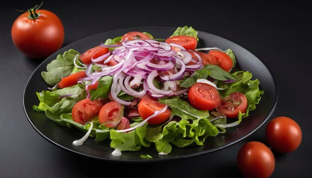 Gemüsesalat mit Tomaten, roten Zwiebeln und Soße auf schwarzem Hintergrund