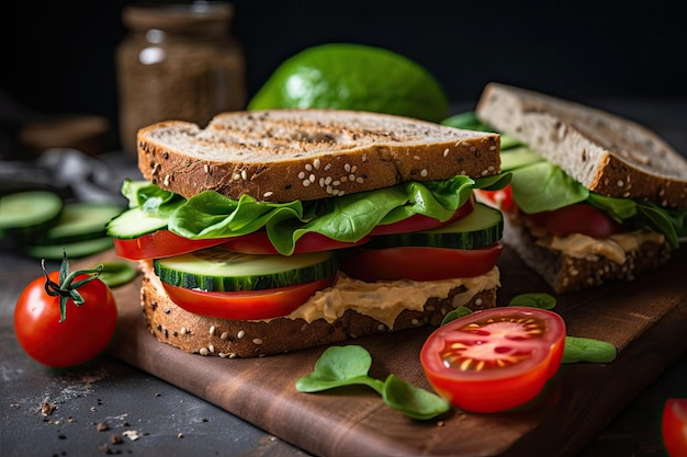 Gemüsesandwich mit Hummus-Gurkenscheiben und Kirschtomaten