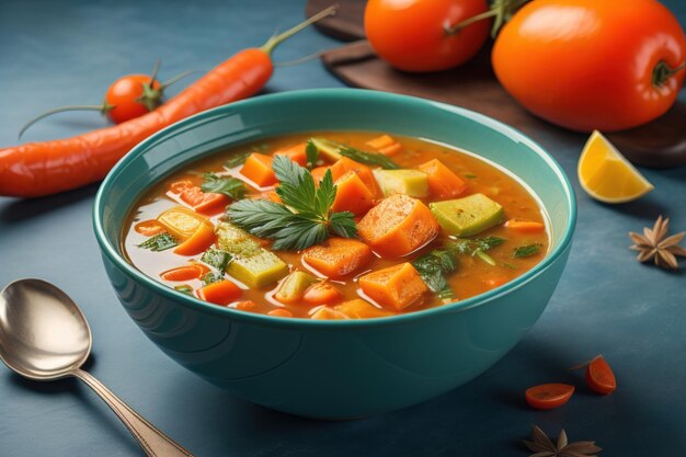 Gemüsesuppe in einer Schüssel auf Holzgrund ai generativ