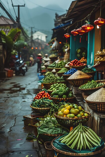 Foto gemüseverkäufer auf einem ländlichen markt in vietnam mit körben traditions- und kulturmarktfoto