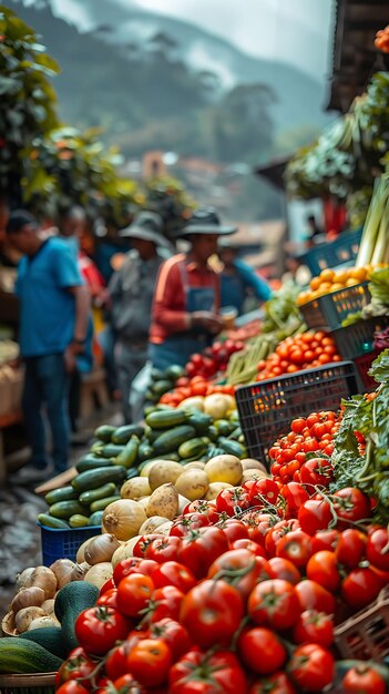 Gemüseverkäufer verkaufen frische Produkte auf einem Markt im traditionellen und kulturellen Markt von Ecuador