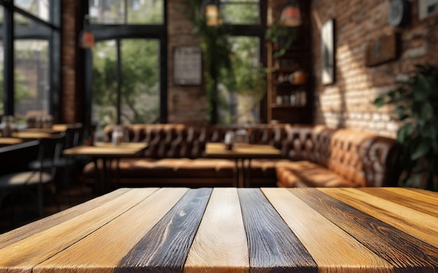 Foto gemütlich in den kaffeehäusern halbe alte ziegelstein-ecke mit leerem holztisch für das produkt