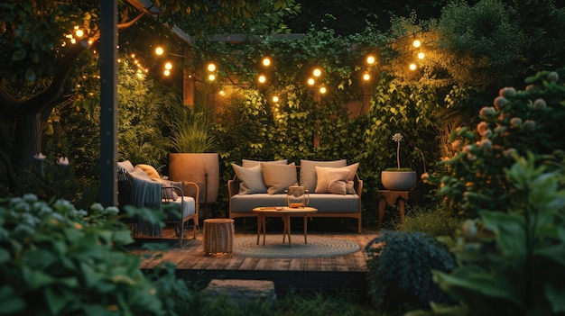 Gemütliche Abendgartenterrasse mit Lichtern