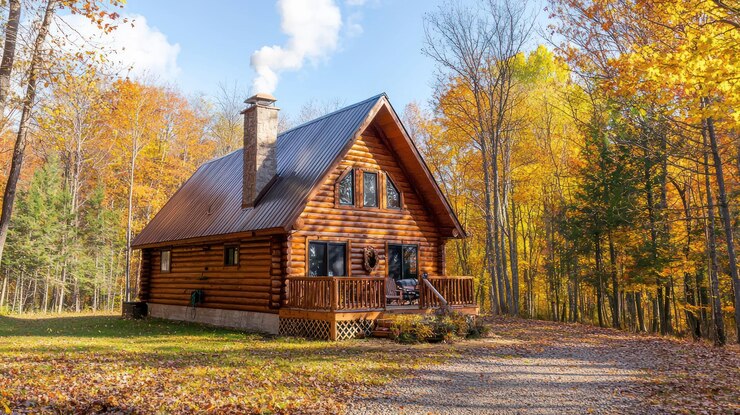 Foto gemütliche blockhütte im herbstwald