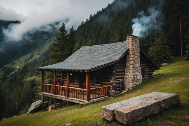 Gemütliche Blockhütte mit Rauch aus dem Schornstein im Wald