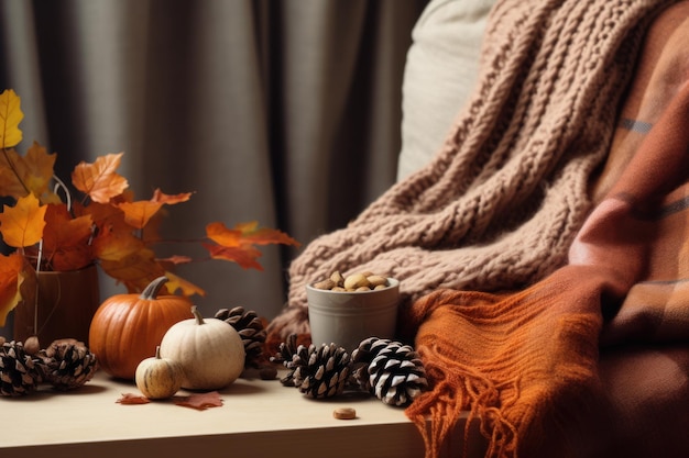 Gemütliche Decke in einem modernen Zuhause. Herbstdeko aus trockenen Blättern, Tannenzapfen und Kürbissen