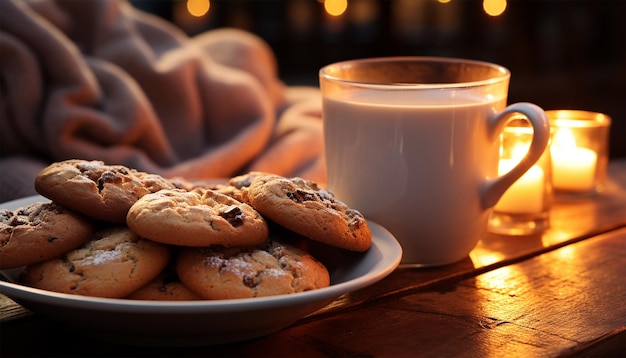 Gemütliche Ecke mit frisch gebackenen Schokoladenkekse und Milch am Kamin Keramikbecher Kaffee