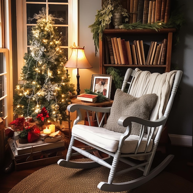 Foto gemütliche ecke mit schaukelstuhl und einem stapel weihnachtsbüchern