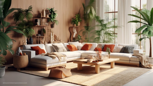 Gemütliche, elegante Wohnzimmereinrichtung im Boho-Stil in natürlichen Farben. Bequeme Couch mit Kissen und karierten Ottomanen, vielen Zimmerpflanzen, Couchtisch und Regal aus Holz, Heimdekoration, 3D-Rendering