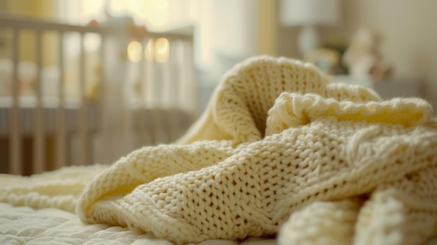 Gemütliche, gestrickte gelbe Decke auf einem bequemen Bett im warmen, sonnigen Kinderzimmerinterieur