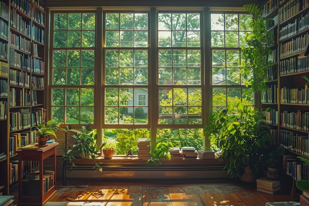 Gemütliche Hausbibliothek mit großem Fenster mit Blick auf die Natur, sonnige Bücherregalen und bequemes Lesen