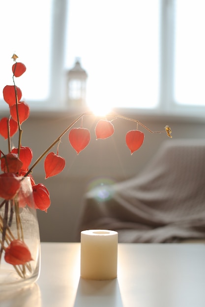 Gemütliche Herbststilllebenkerzen blüht Zweige der orangefarbenen Physalis in einer Vase und Details der Inneneinrichtung