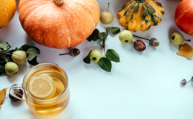 Gemütliche Herbstwohnung mit einer Tasse heißen Zitronentee-Kürbissen und Eicheln