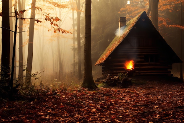 Gemütliche Hütte im Herbstwald