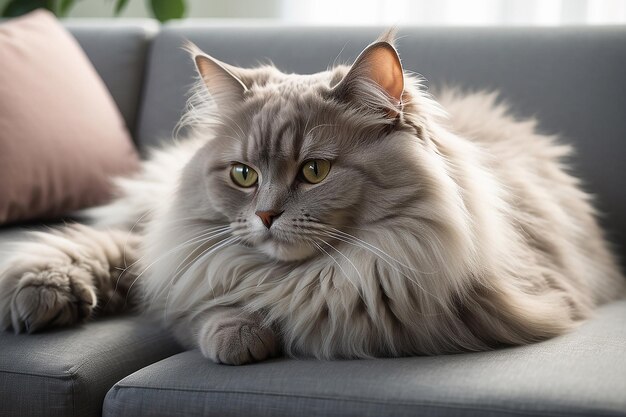 Gemütliche Katzenbegleiterin, flauschige Katze auf einer minimalistischen Couch, generative KI