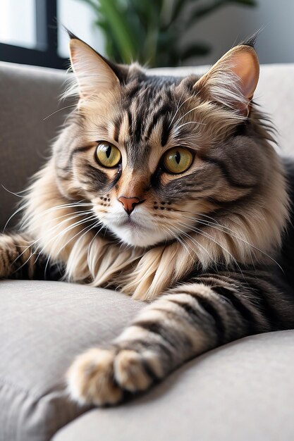 Gemütliche Katzenbegleiterin, flauschige Katze auf einer minimalistischen Couch, generative KI