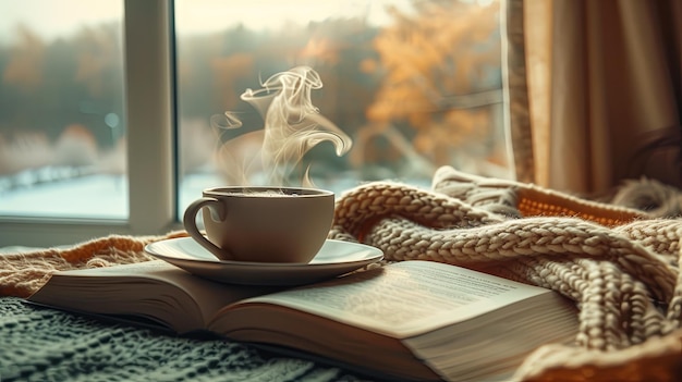 Gemütliche Komposition mit Tasse Kaffee, Tee, Buch und Decke Hintergrundkonzept