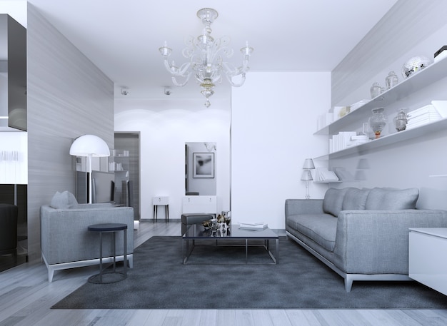 Gemütliche moderne gotische Lounge. Gemischte weiße und Zebrano-Fassadenwände. 3D-Rendering