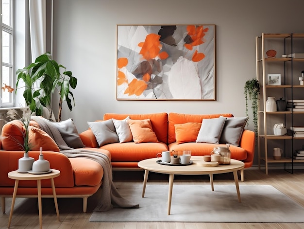 Gemütliche, ruhige Studio-Wohnung mit orangefarbenem Sofa und modernem Wohnzimmer