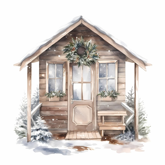 Gemütliche schneebedeckte Winterhütte Aquarellzeichnung mit Weihnachtslichtern und dekorationen Fest