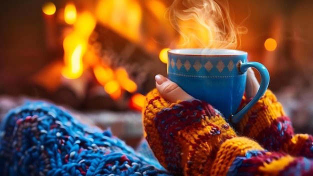 Foto gemütliche szene mit händen, die einen becher am kamin halten, strahlt warmen komfort aus konzept komfort gemütliches zuhause entspannung wärme kamin ritual