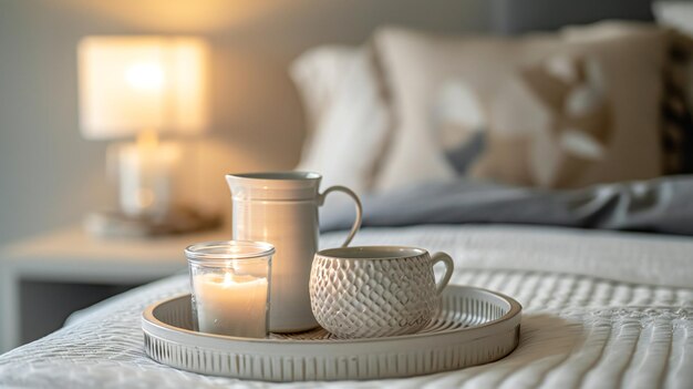 Gemütliche Teezeit am Bett mit Kerzenlicht
