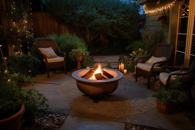 Gemütliche Terrasse mit Feuerstelle und Kerzen, die einen warmen und gemütlichen Treffpunkt bietet