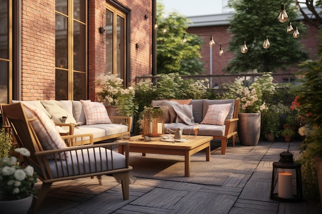 Gemütliche Terrasse mit Gartenmöbeln 3D-Rendering