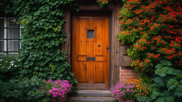 gemütliche Tür mit Blumen im Hintergrund