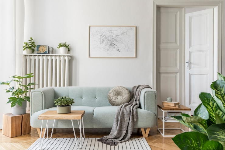 Foto gemütliche und kreative komposition der stilvollen innenausstattung des wohnzimmers mit grünem sofa, holzmöbeln, pflanzen und accessoires. weiße wände, parkettboden.