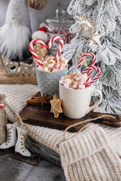 Gemütliche Weihnachtskomposition mit einer Tasse und Keksen. Heiße Schokolade mit Marshmallow.