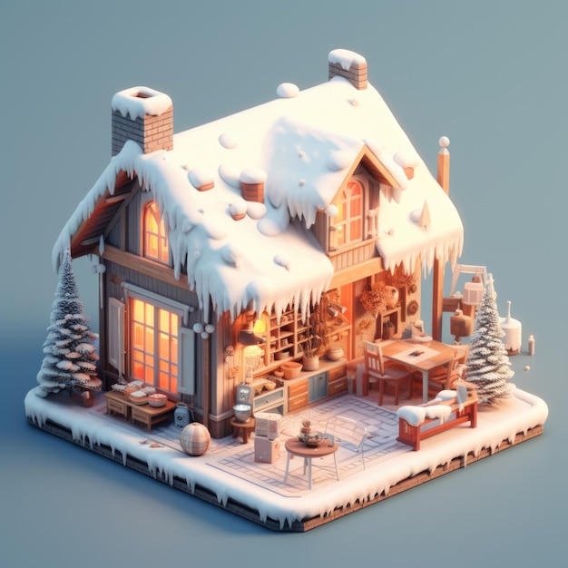 Gemütliche Winterhütte 3D-Illustration