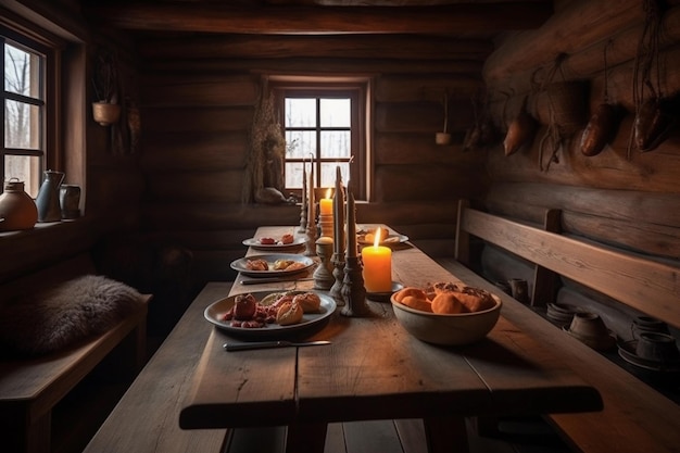 Gemütliche Winterhütte mit gedecktem Holztisch