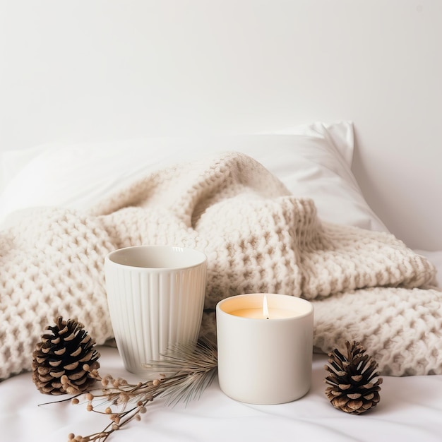 Gemütliche winterliche Deko-Komposition in den Farben Weiß und Beige, warmes Winterdekor mit Kaffeetasse und