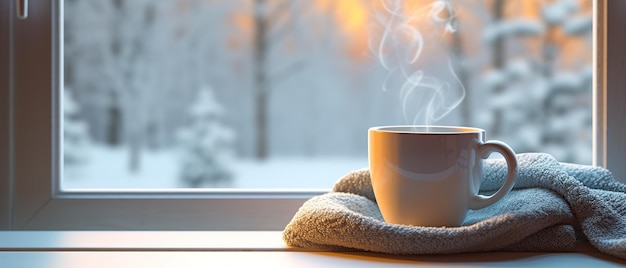 Gemütliche Winterszene Kaffee offen Buch und Plaid auf Vintage Fensterbrett in Cottage schneebedeckte Landschaft mit s