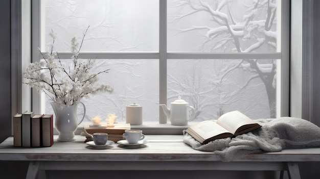 Gemütliche Winterszene Kaffee offen Buch und Plaid auf Vintage Fensterbrett in Cottage schneebedeckte Landschaft mit s