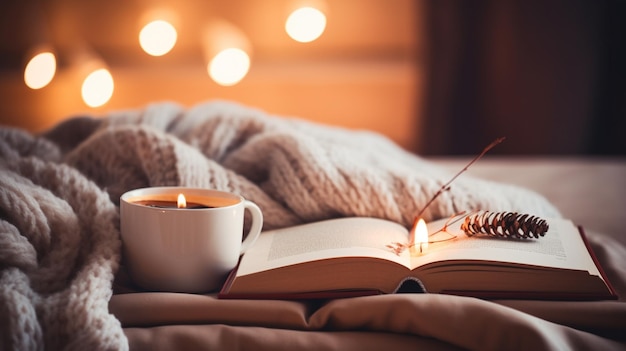 gemütliche Zusammensetzung von Buch, Tasse Kaffee, brennende Kerzen und Buch auf weißem Bett