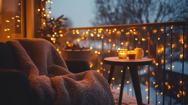 Gemütlicher Balkon Winternachtbeleuchtung Entspannung Schnee