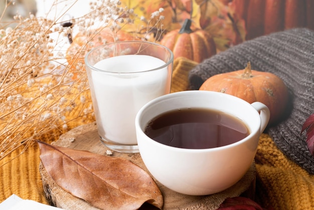 Gemütlicher Herbstkompositionspullover Wetter Kürbisse heißer Tee und Pullover am Fenster