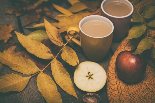 Gemütlicher Herbsttee - Tee mit Milch, Äpfeln, Nüssen und einem warmen Pullover