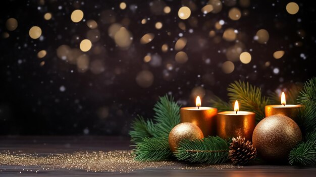 Gemütlicher Hintergrund im Winter mit Kerzen und Kiefernzweigen Weihnachts-Neujahrs-Header für eine Website