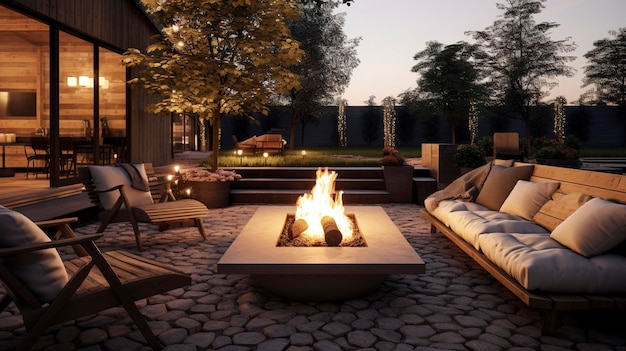 Gemütlicher Hinterhof mit Feuerstelle, Holzstühlen und üppigem Grün, perfekt für die Erholung im Freien