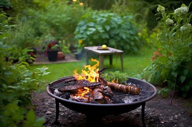 Gemütlicher Hinterhofgrill mit kleinem Feuer zum Braten von Speisen